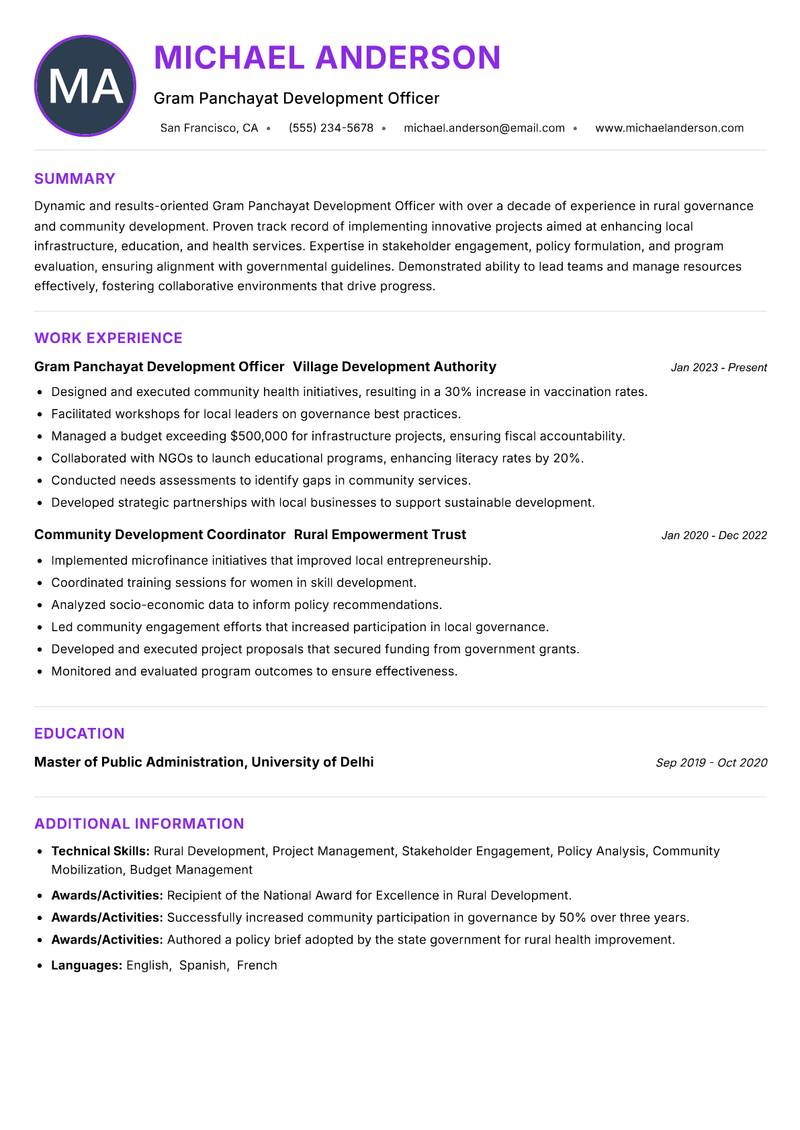 Gram Panchayat Development Officer Resume Preview Example