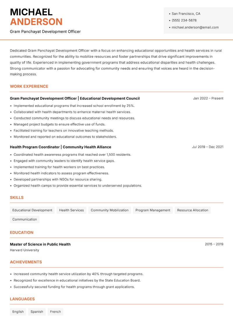 Gram Panchayat Development Officer Resume Template