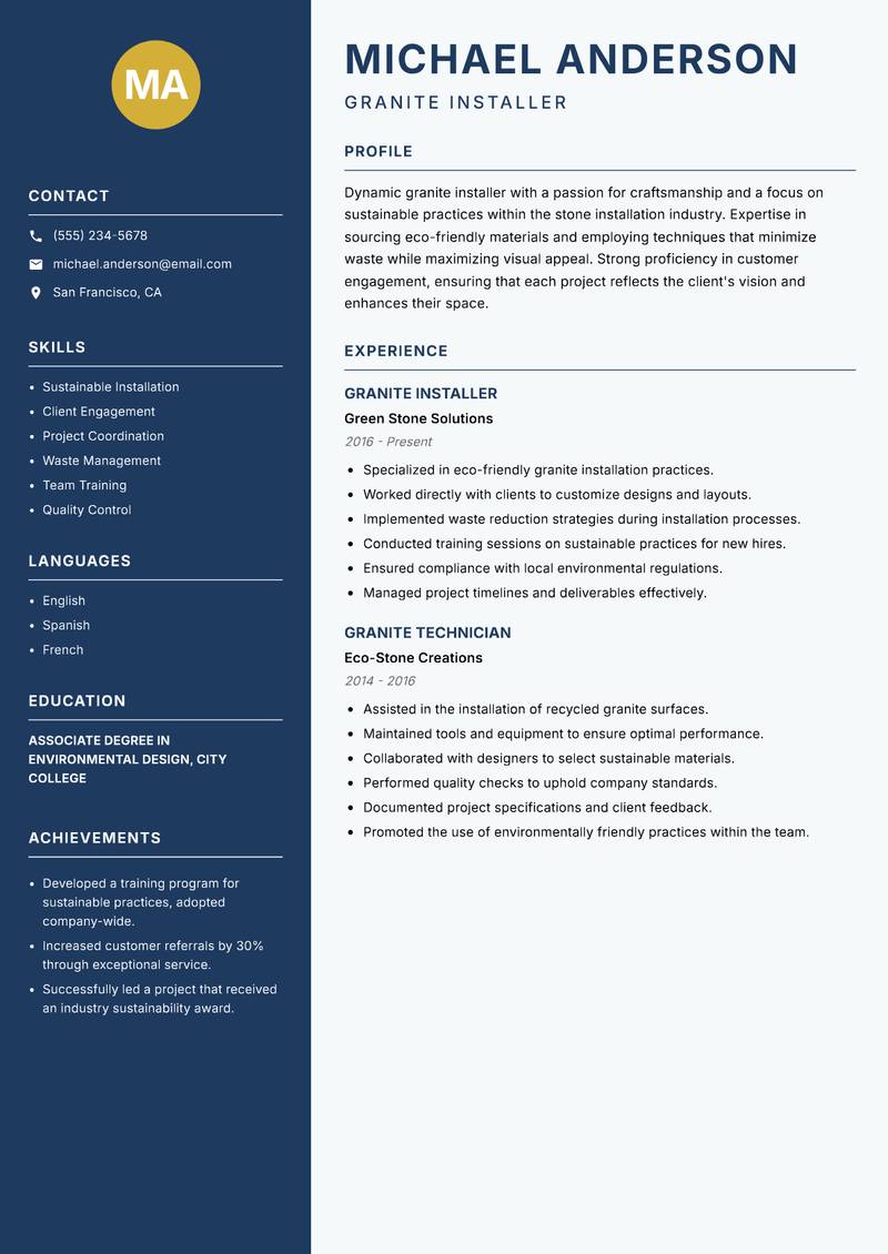 Granite Installer Resume Preview Example