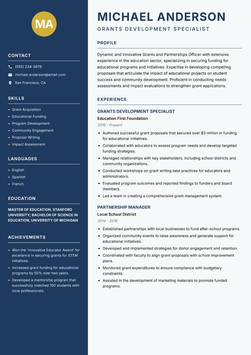 Grants and Partnerships Officer Resume Preview Example
