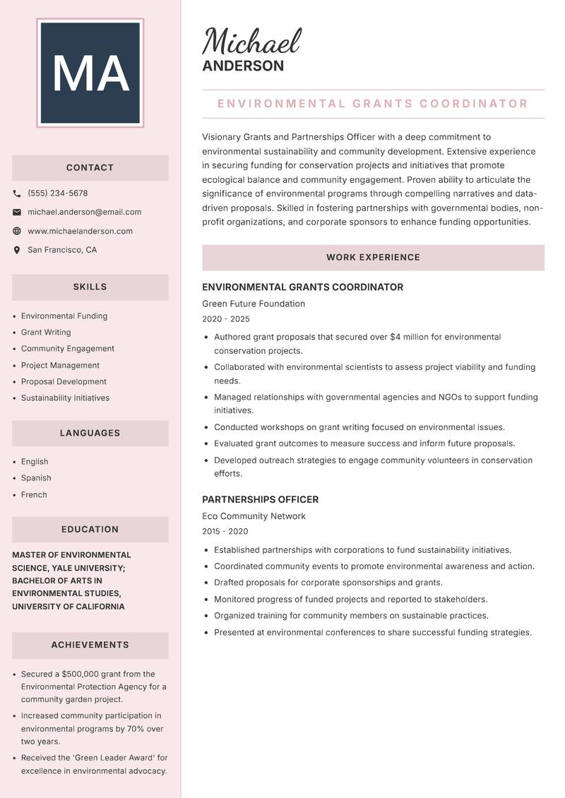 Grants and Partnerships Officer Resume Preview Example