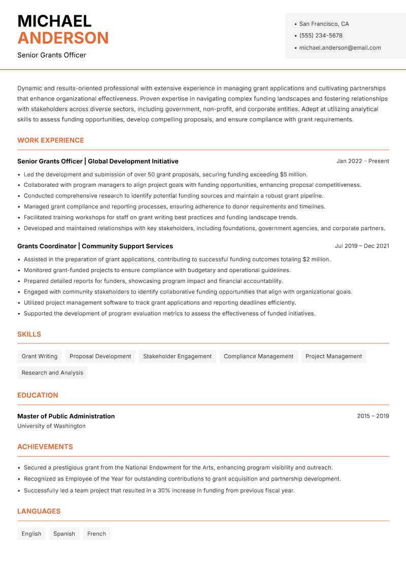 Grants and Partnerships Officer Resume Template