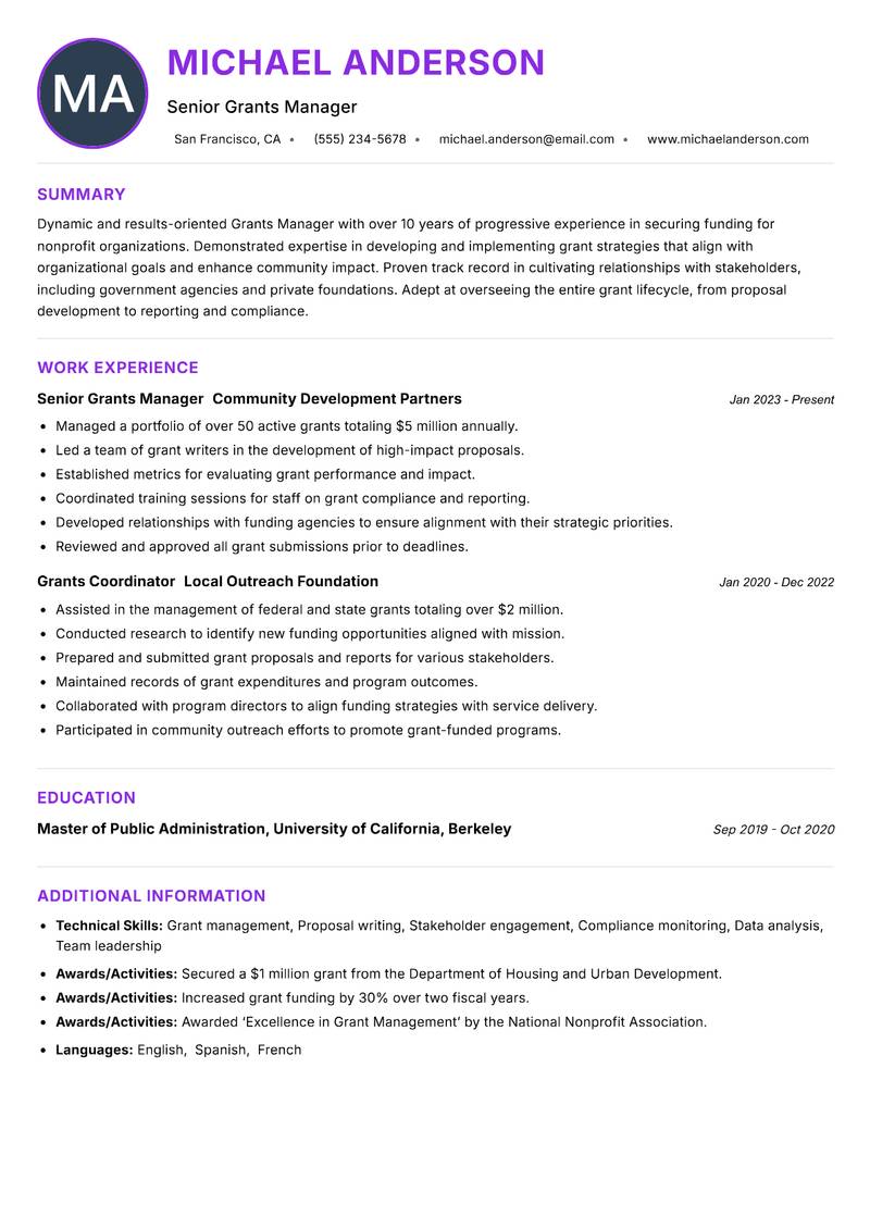 Grants Manager Resume Preview Example
