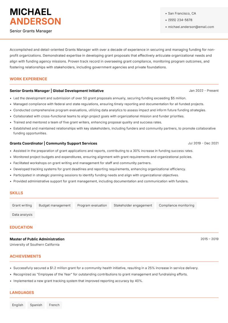 Grants Manager Resume Template