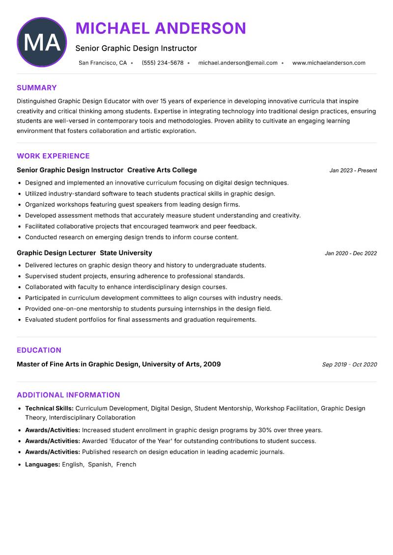 Graphic Design Educator Resume Preview Example