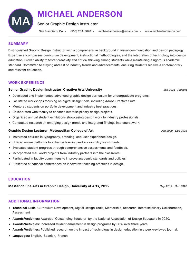 Graphic Design Instructor Resume Preview Example