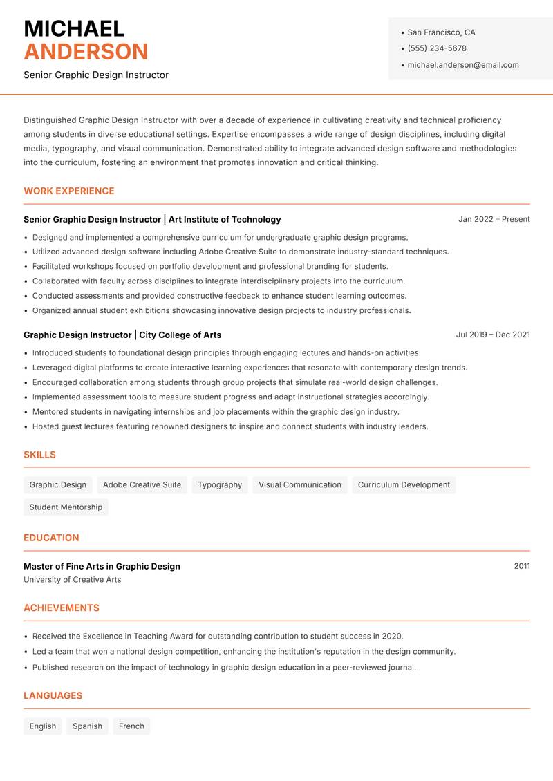 Graphic Design Instructor Resume Template
