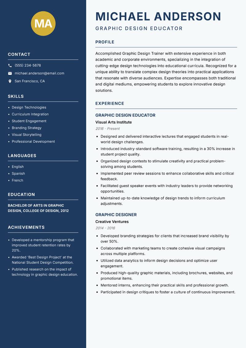 Graphic Design Trainer Resume Preview Example