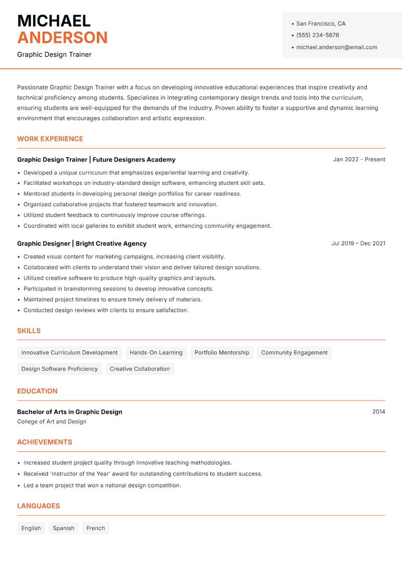 Graphic Design Trainer Resume Template