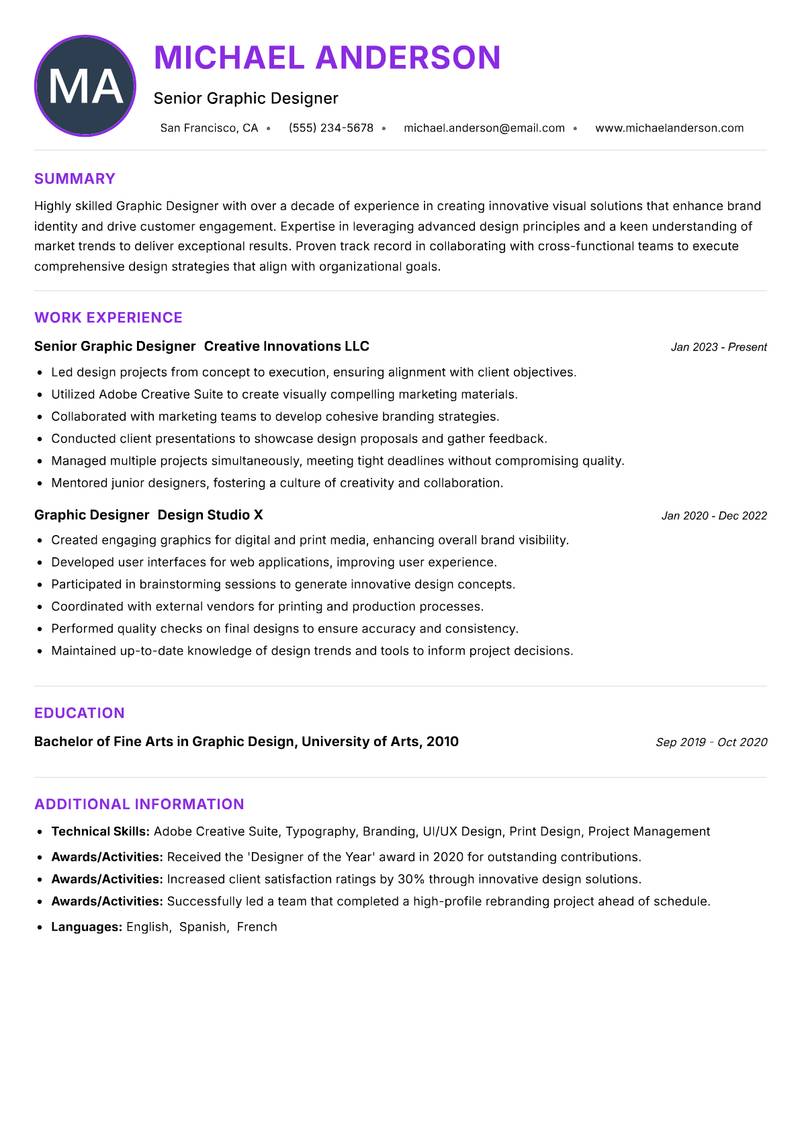Graphic Designer Resume Preview Example
