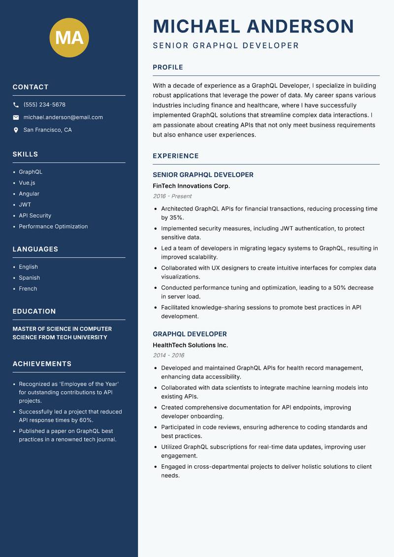 GraphQL Developer Resume Preview Example