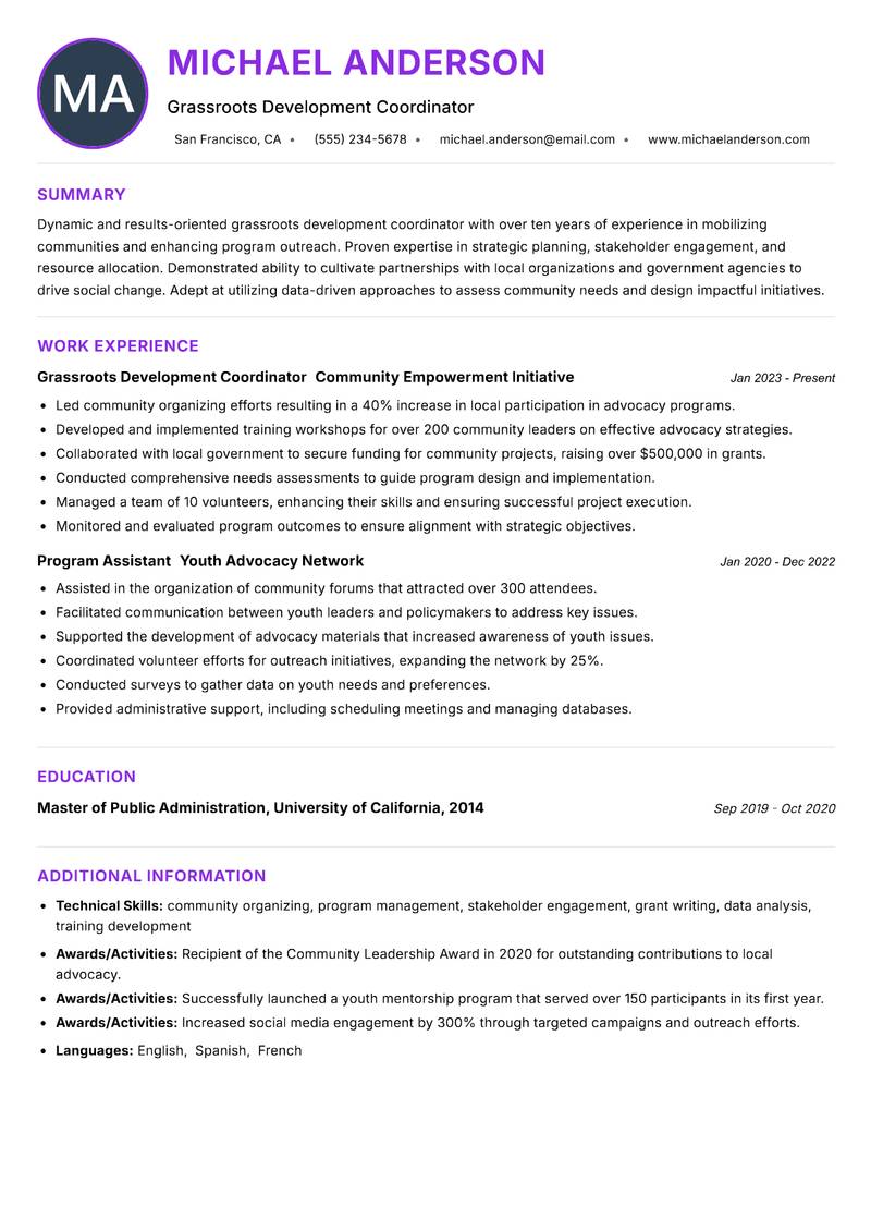 Grassroots Development Coordinator Resume Preview Example