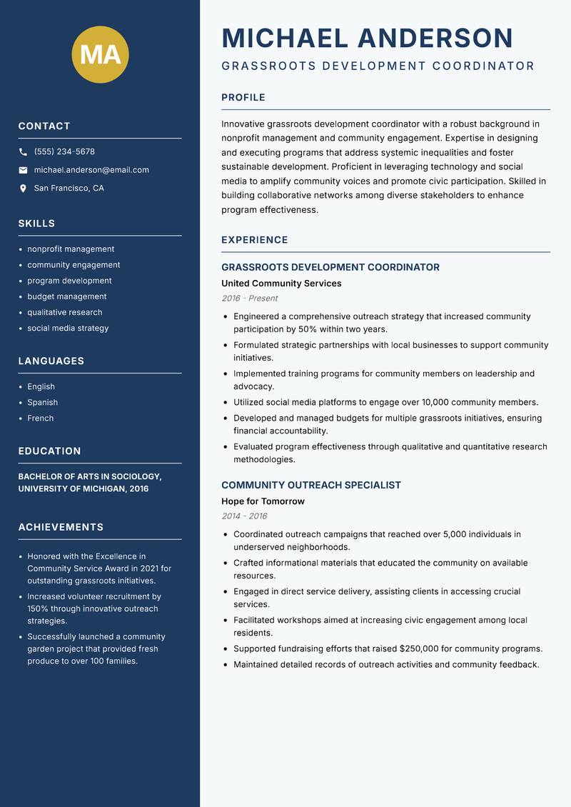 Grassroots Development Coordinator Resume Preview Example