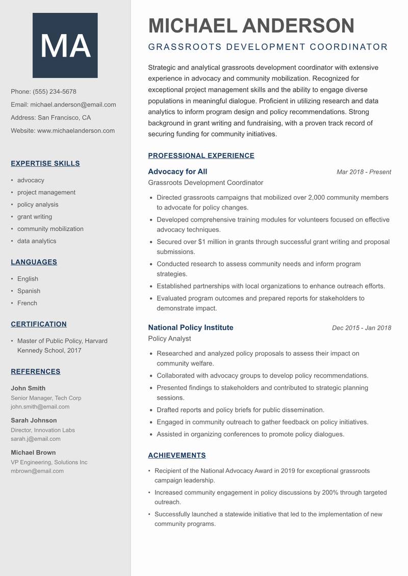 Grassroots Development Coordinator Resume Preview Example