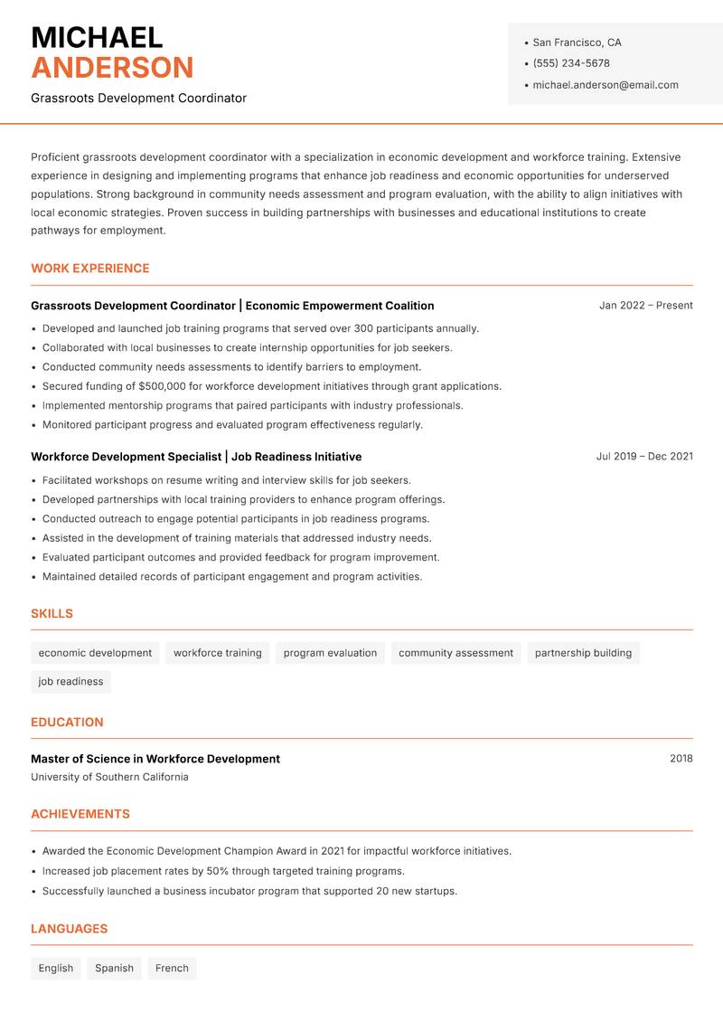 Grassroots Development Coordinator Resume Template