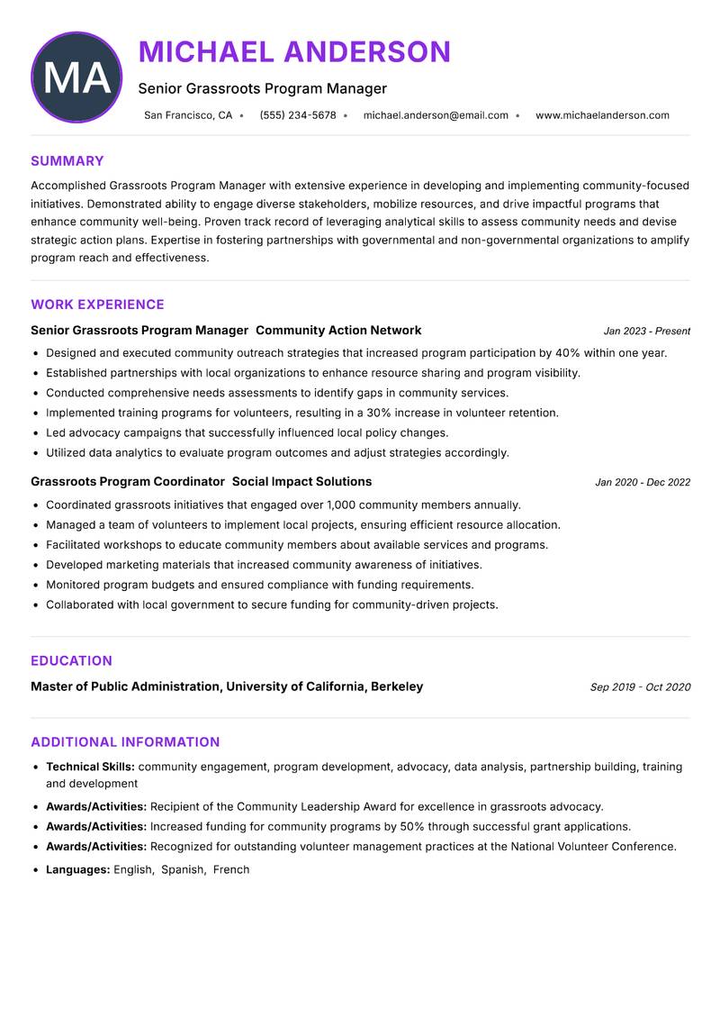 Grassroots Program Manager Resume Preview Example