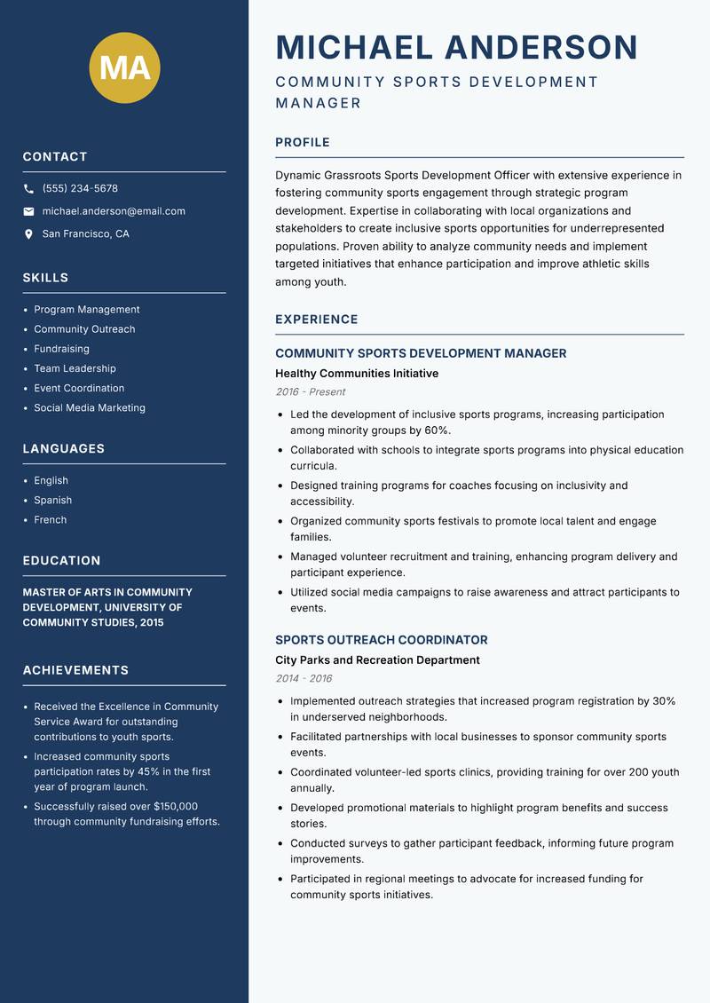 Grassroots Sports Development Officer Resume Preview Example