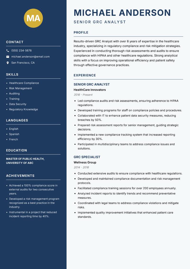 GRC Analyst Resume Preview Example