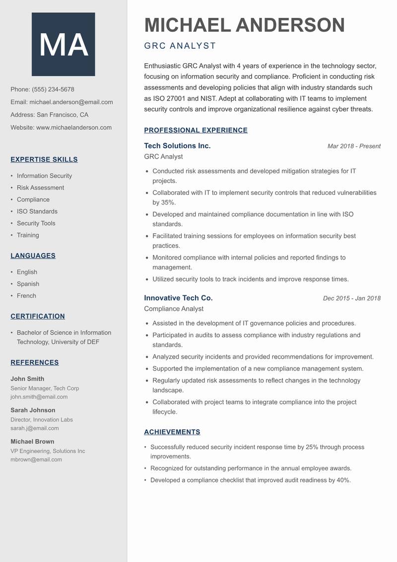GRC Analyst Resume Preview Example
