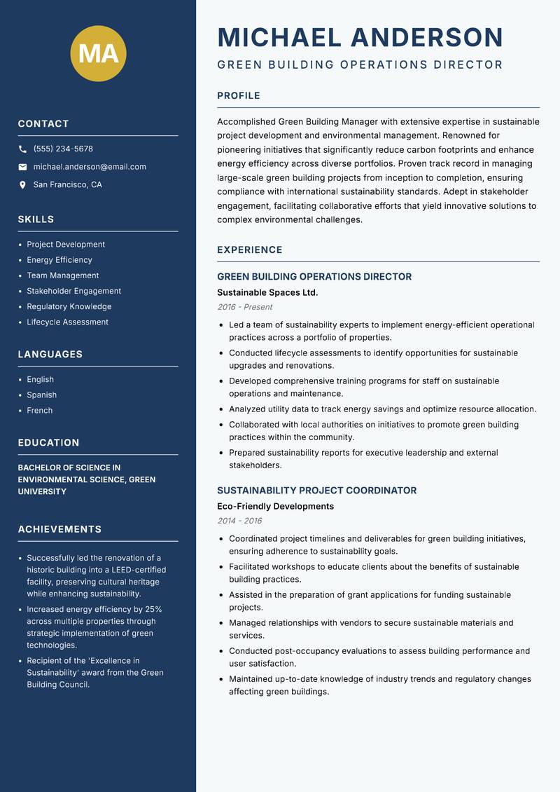 Green Building Manager Resume Preview Example