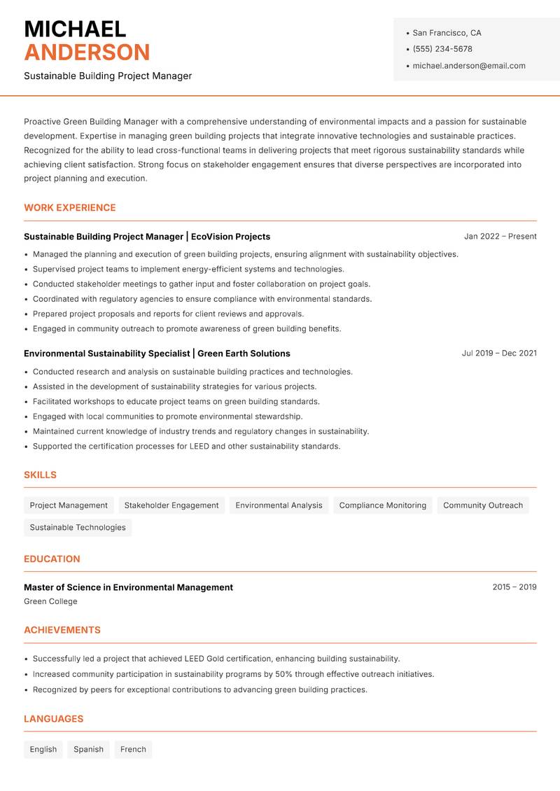 Green Building Manager Resume Template