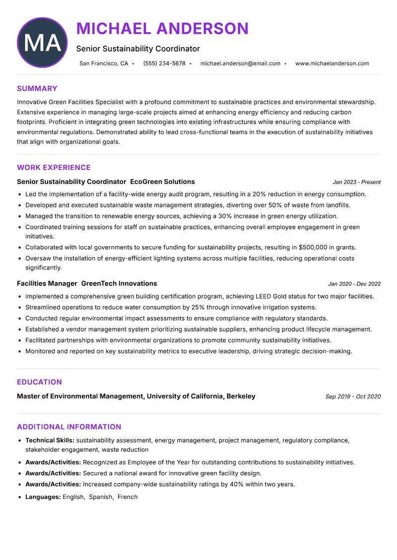 Green Facilities Specialist Resume Preview Example