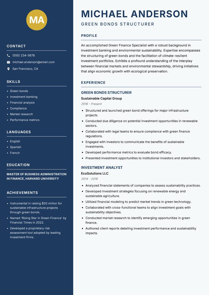 Green Finance Specialist Resume Preview Example