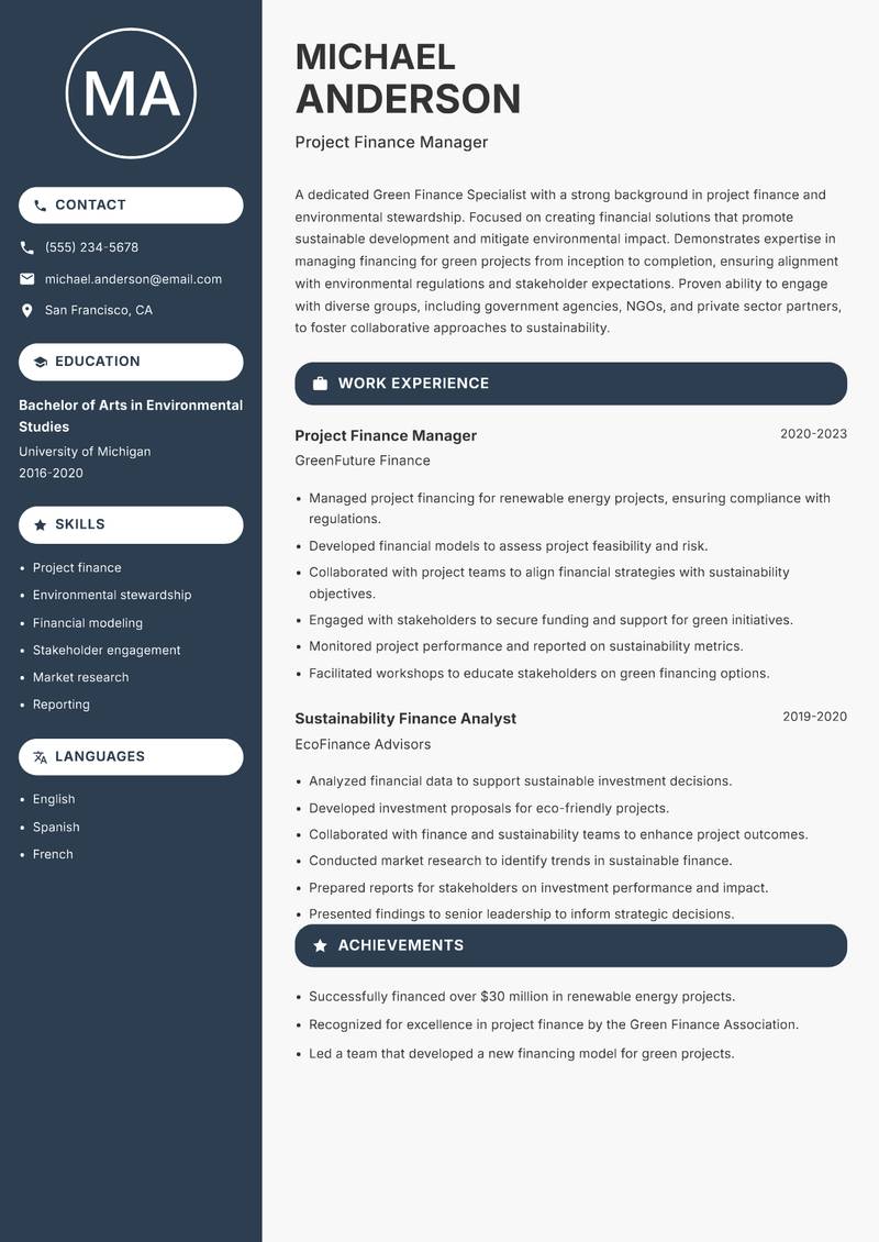 Green Finance Specialist Resume Preview Example