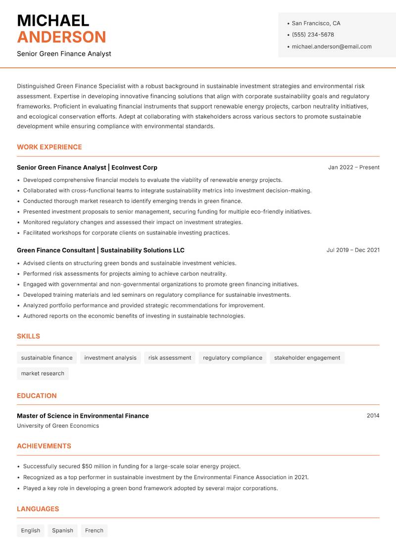 Green Finance Specialist Resume Template