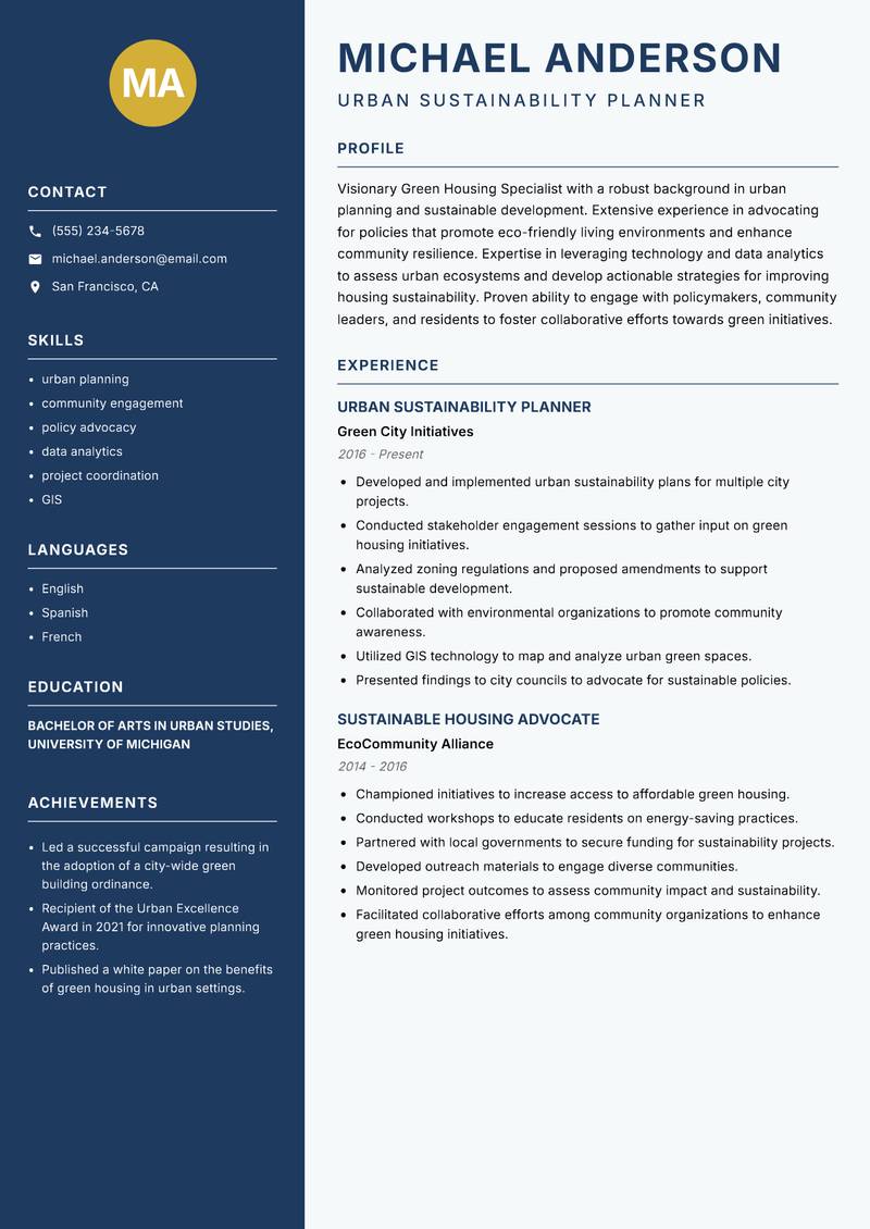 Green Housing Specialist Resume Preview Example