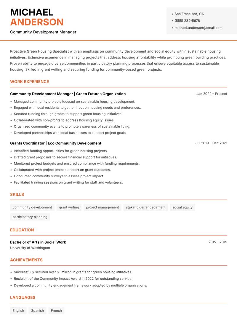 Green Housing Specialist Resume Template