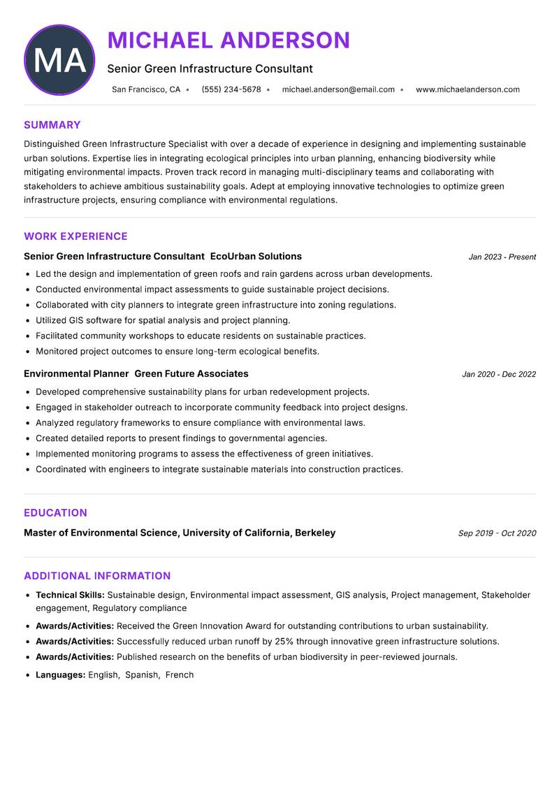 Green Infrastructure Specialist Resume Preview Example