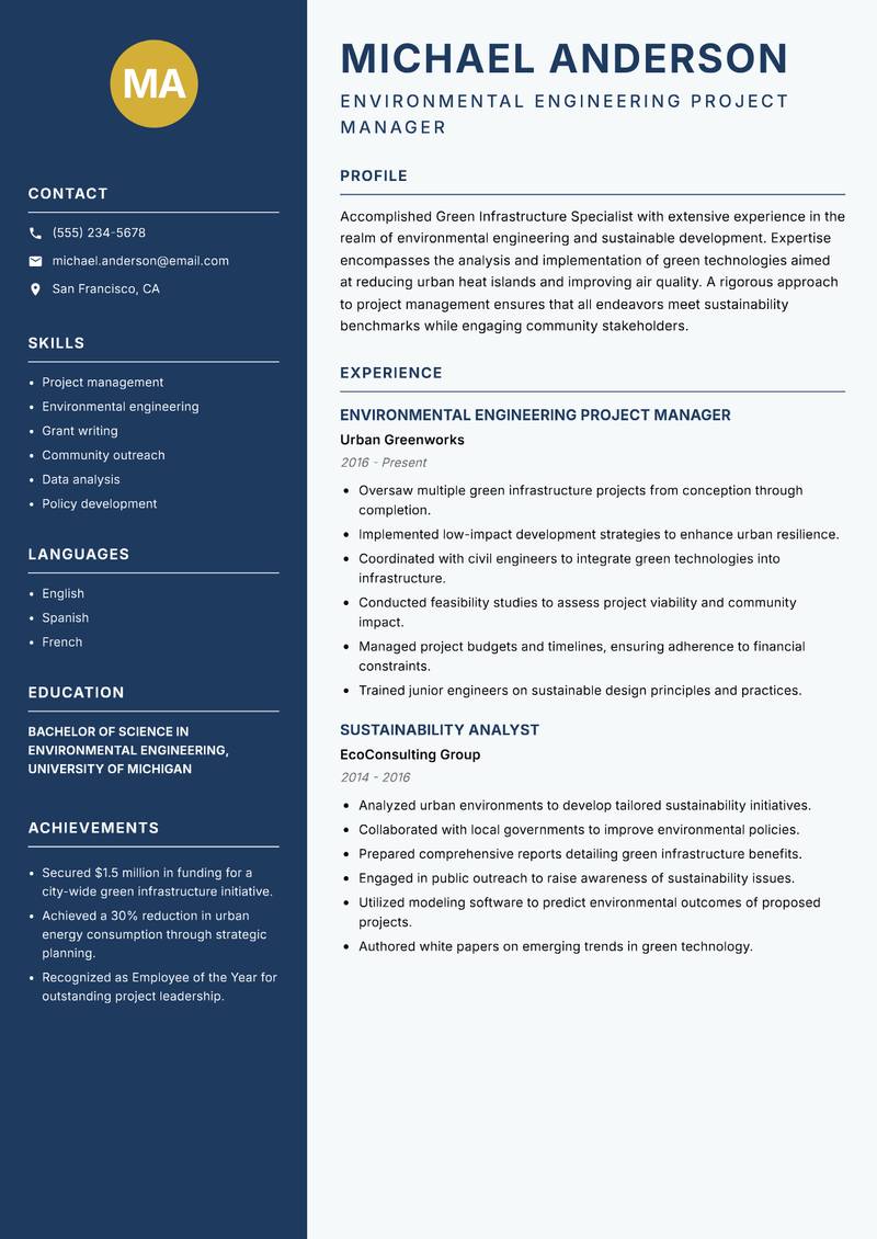 Green Infrastructure Specialist Resume Preview Example