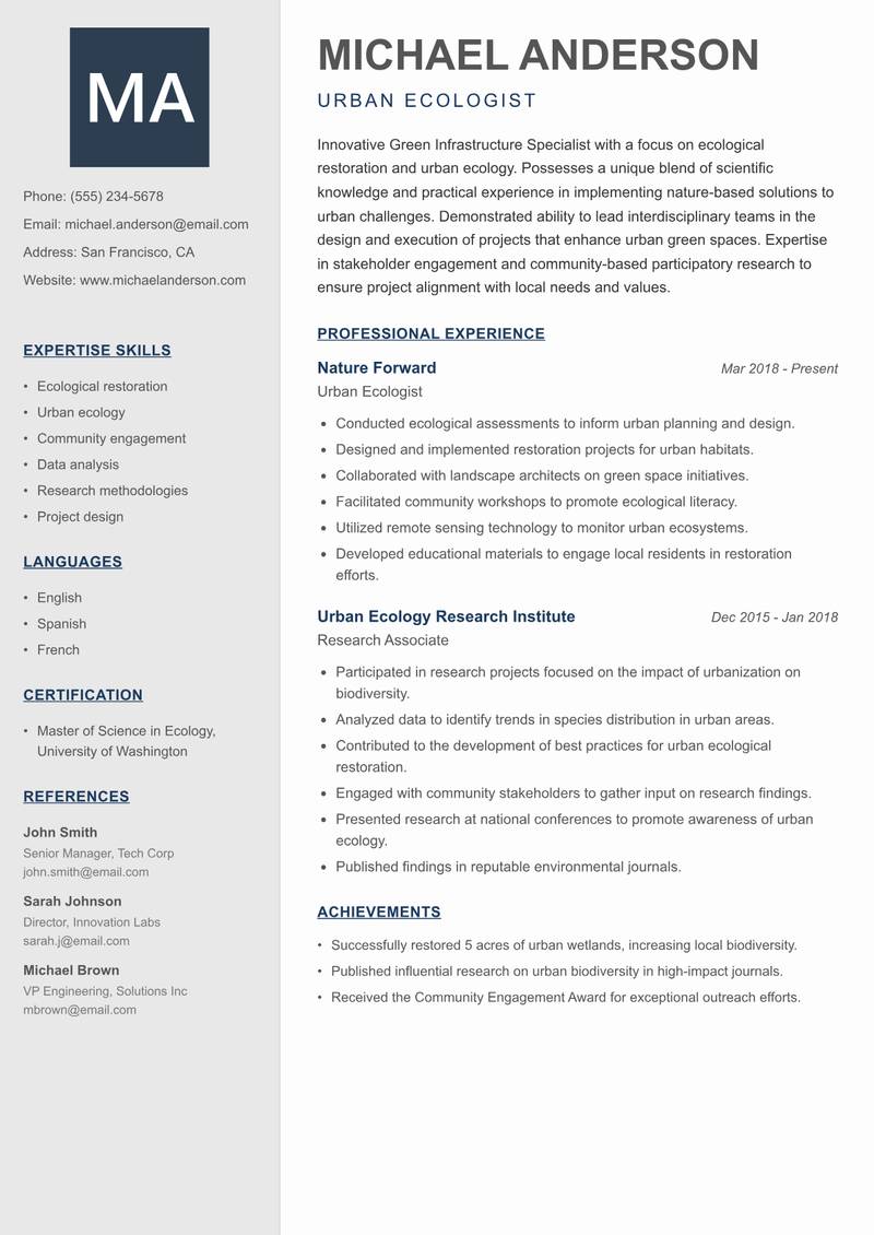 Green Infrastructure Specialist Resume Preview Example