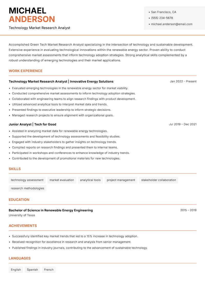 Green Tech Market Research Analyst Resume Template