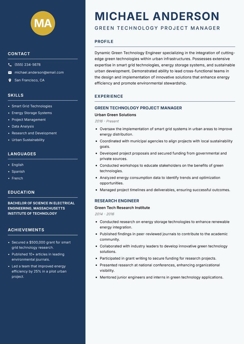 Green Technology Engineer Resume Preview Example