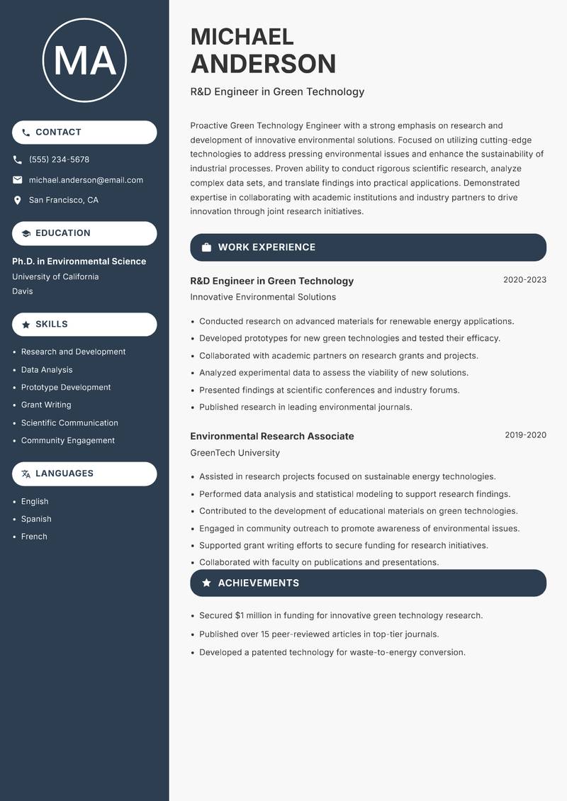 Green Technology Engineer Resume Preview Example