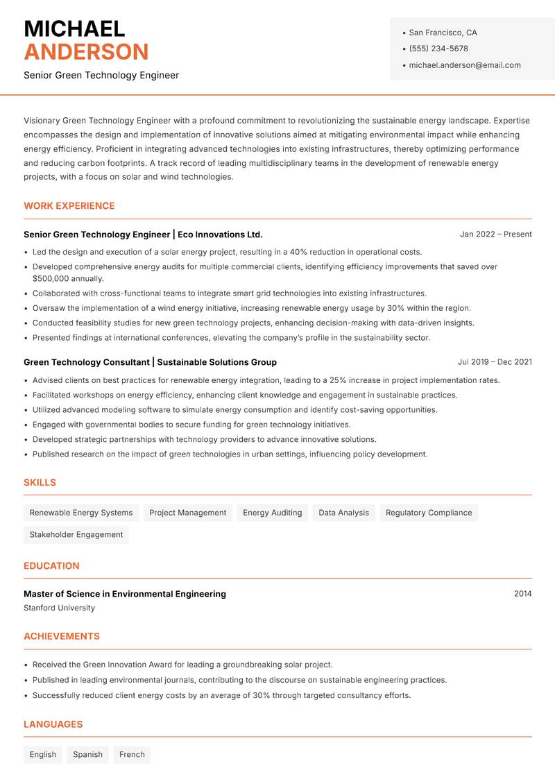 Green Technology Engineer Resume Template