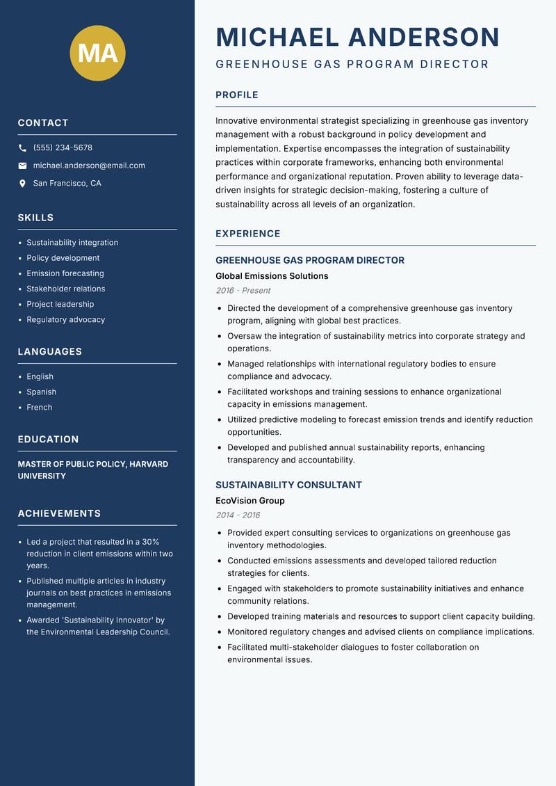 Greenhouse Gas Inventory Manager Resume Preview Example
