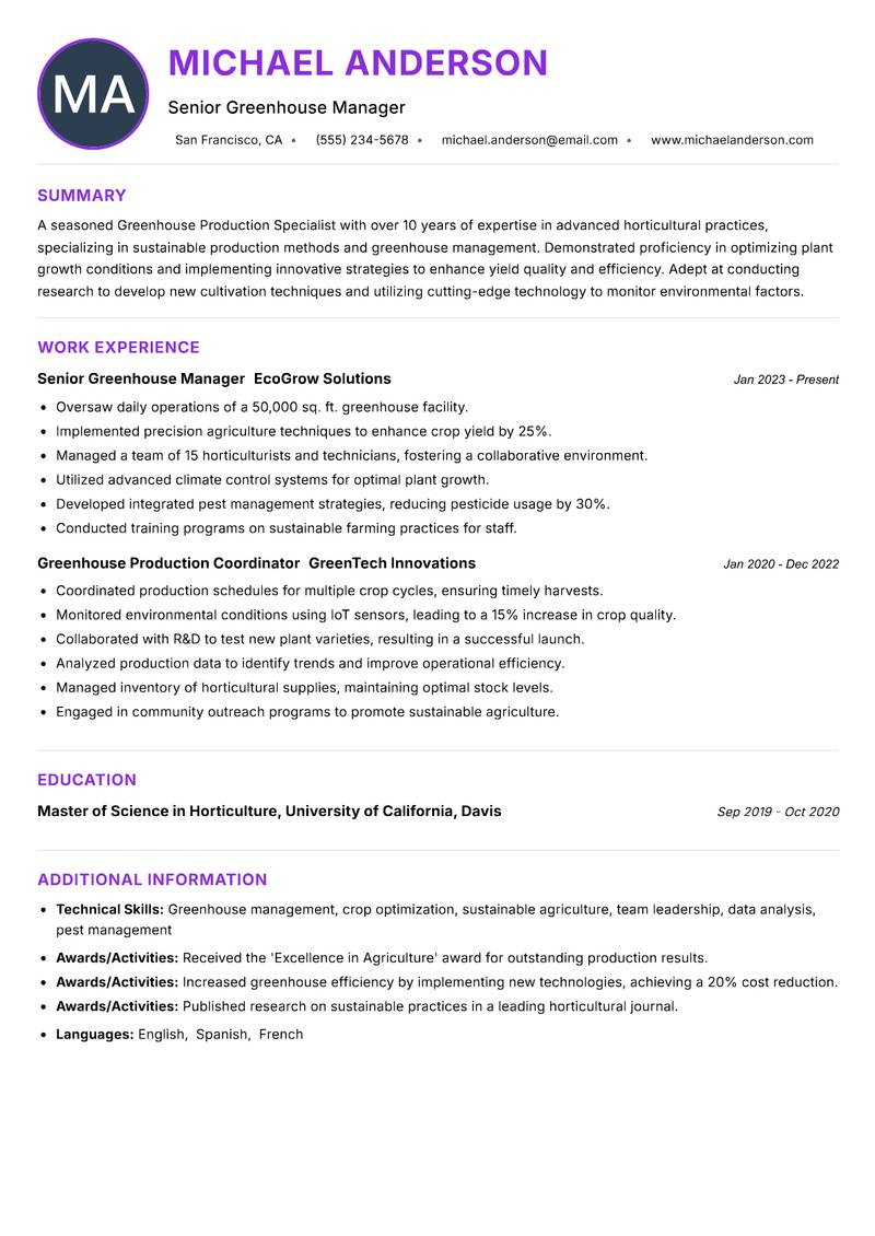 Greenhouse Production Specialist Resume Preview Example