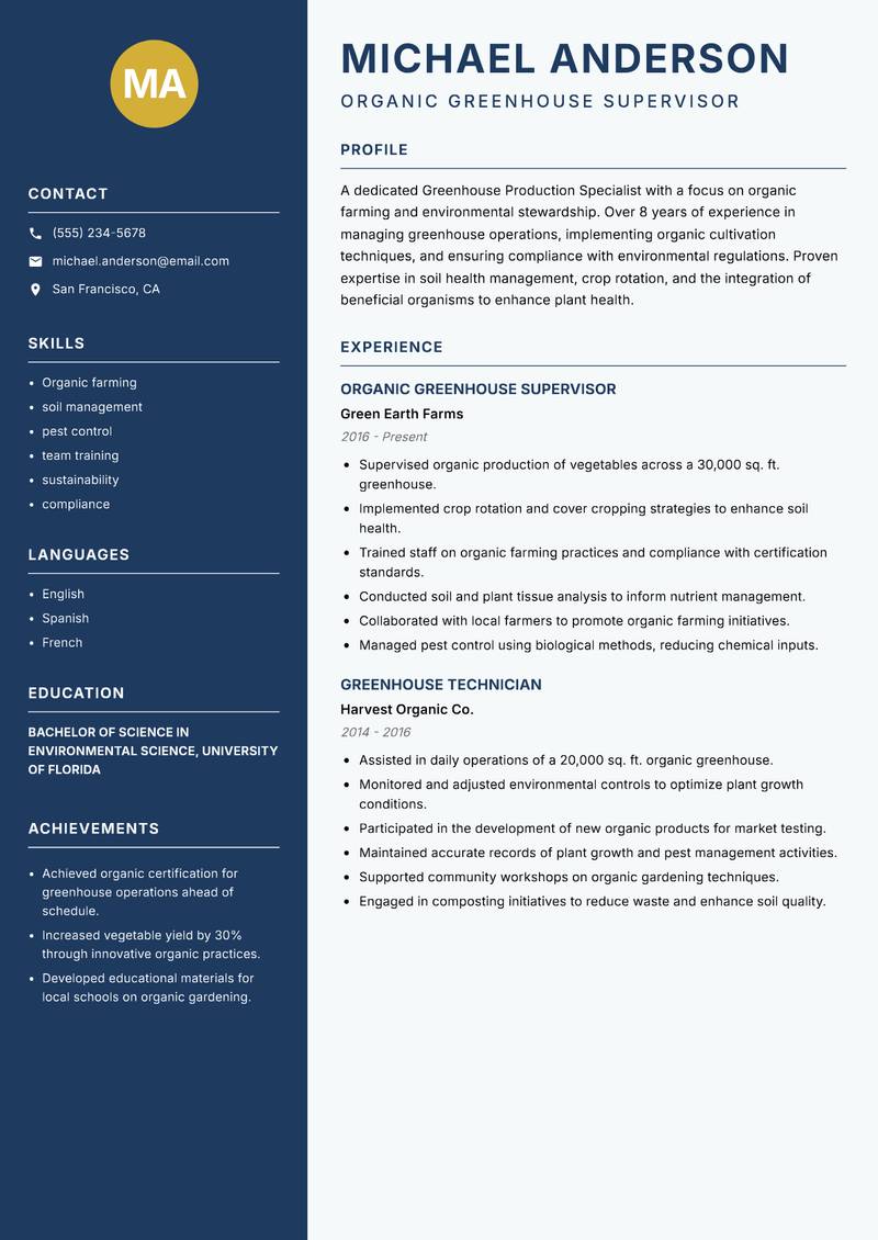 Greenhouse Production Specialist Resume Preview Example