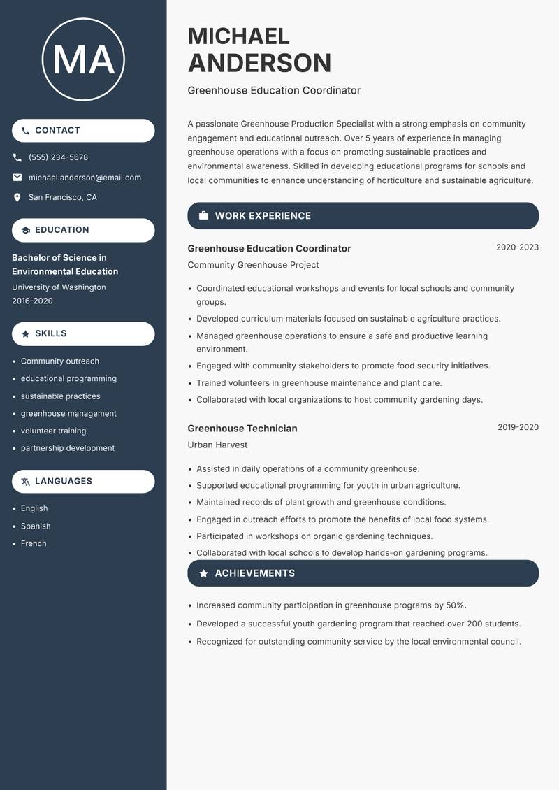 Greenhouse Production Specialist Resume Preview Example