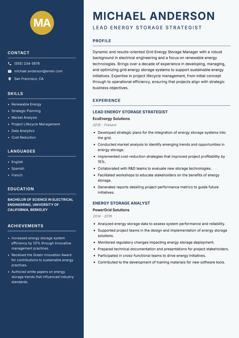 Grid Energy Storage Manager Resume Preview Example