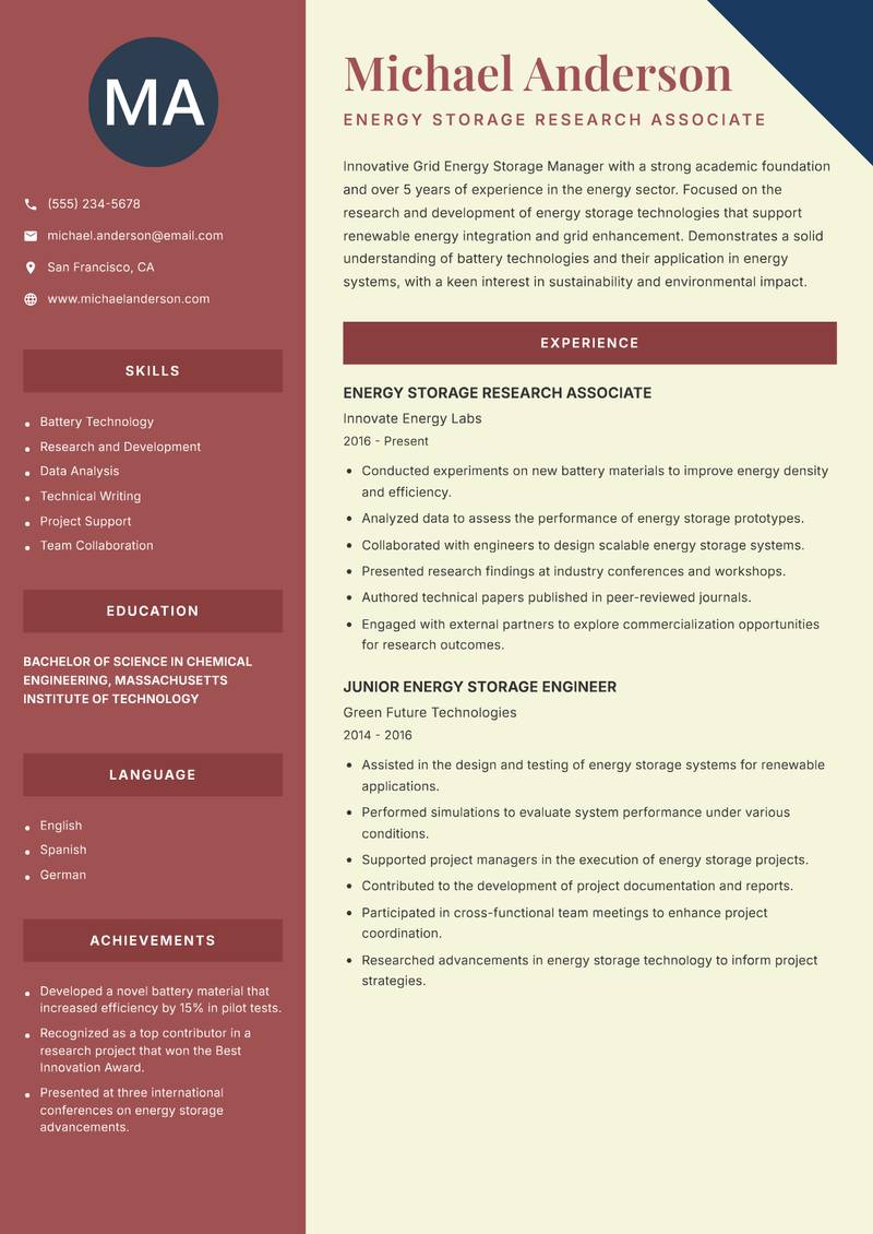 Grid Energy Storage Manager Resume Preview Example