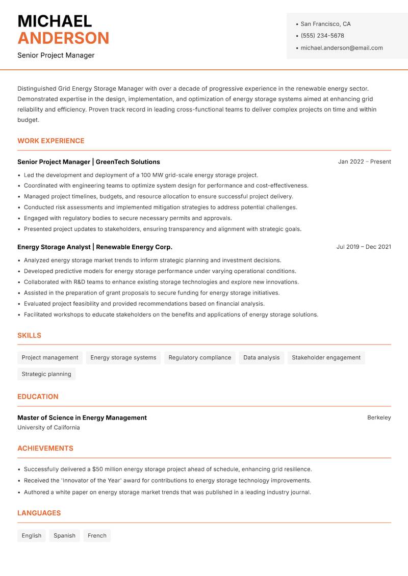 Grid Energy Storage Manager Resume Template