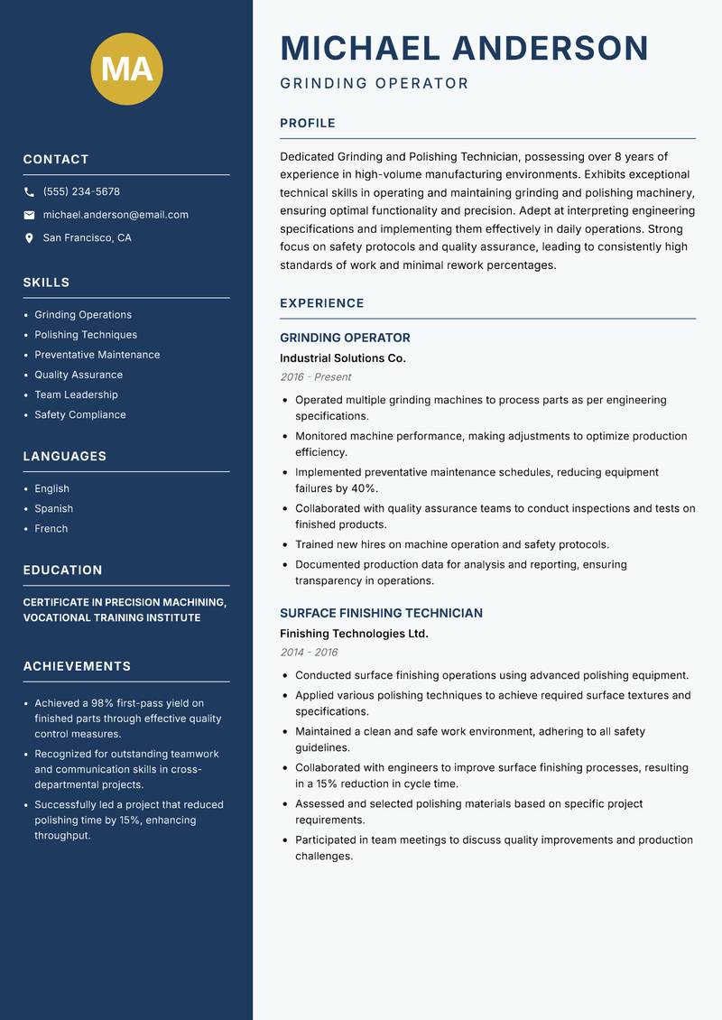 Grinding and Polishing Technician Resume Preview Example