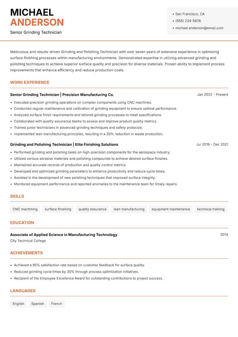 Grinding and Polishing Technician Resume Template