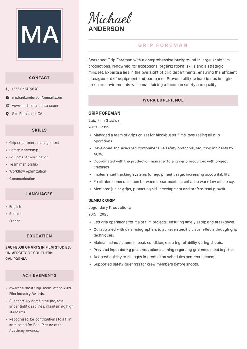 Grip Resume Preview Example