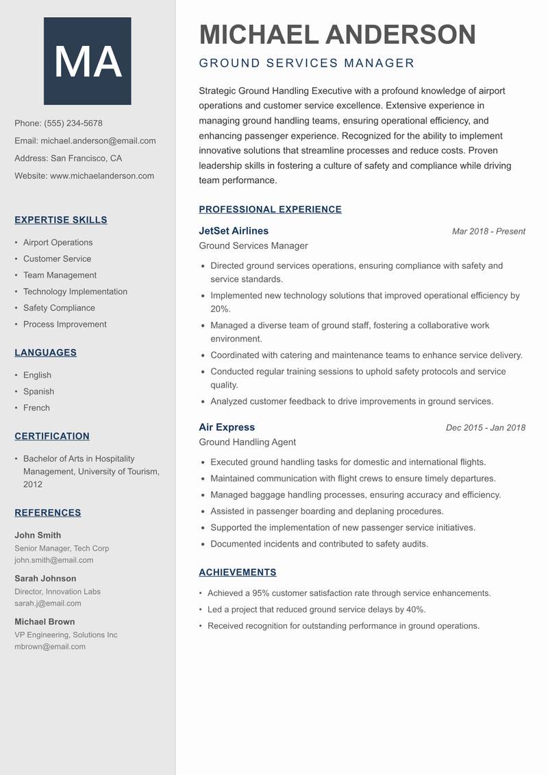 Ground Handling Executive Resume Preview Example