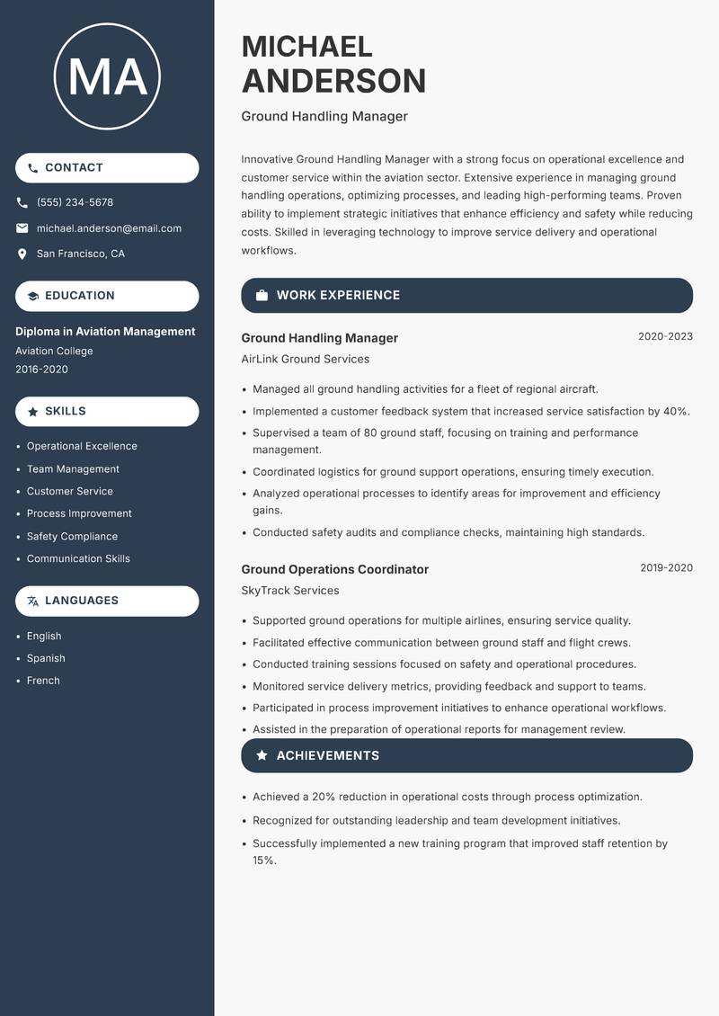Ground Handling Manager Resume Preview Example